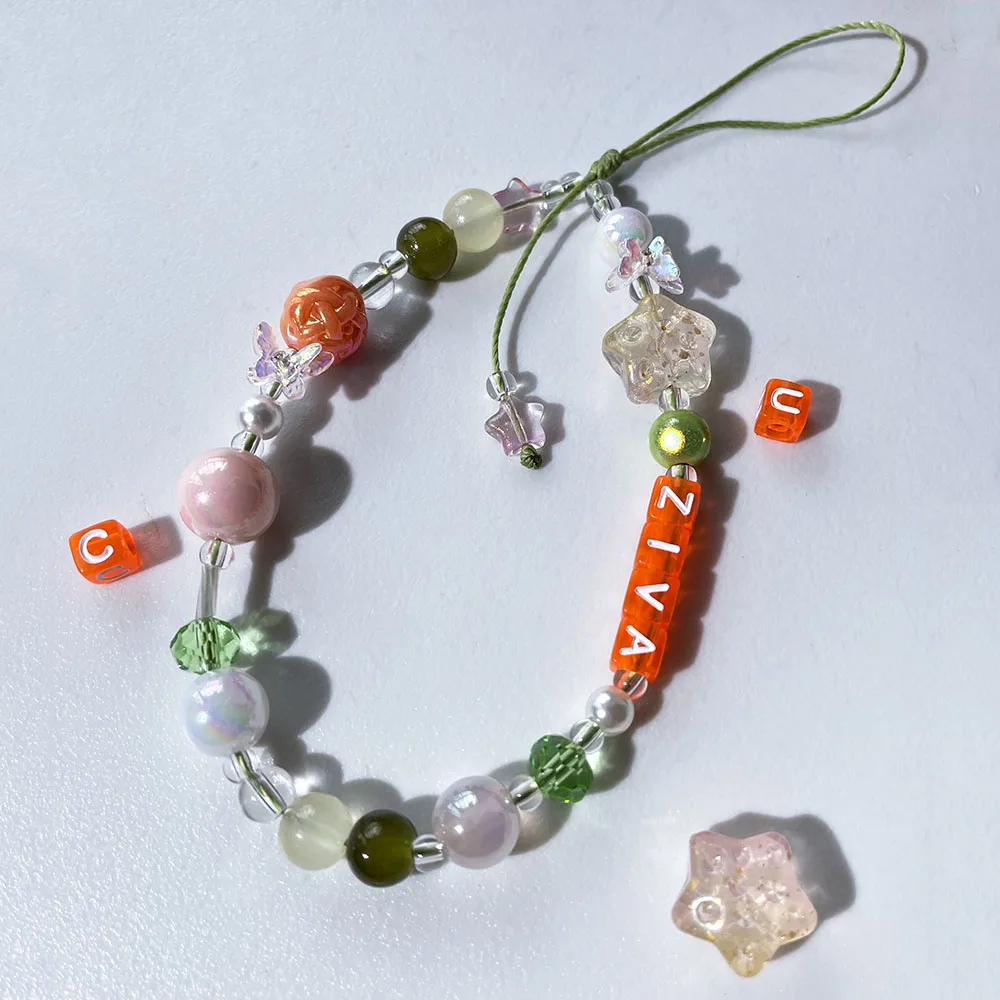 Personalised Name Phone Charm Strap Customized Orange Letter Pink Butterfly Yellow Glass Star Bead Aesthetic Cute Gift Keychain view 4