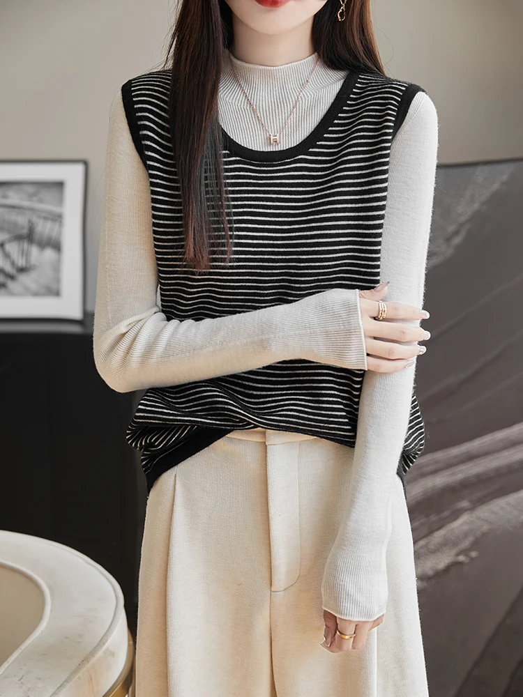 

Pure Wool Knitted Vest Women's 2024 New Autumn Winter Layering round Ne Svel Inner Wear Striped Warm oulder Pad