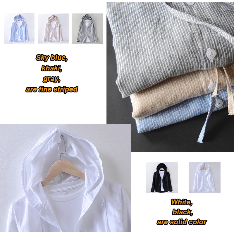 100% Soft Cotton Linen Shirts For Men Casual Striped Shirt Hooded Long Sleeve Sun Protection Beach White Blouse Hawaiian Shirts