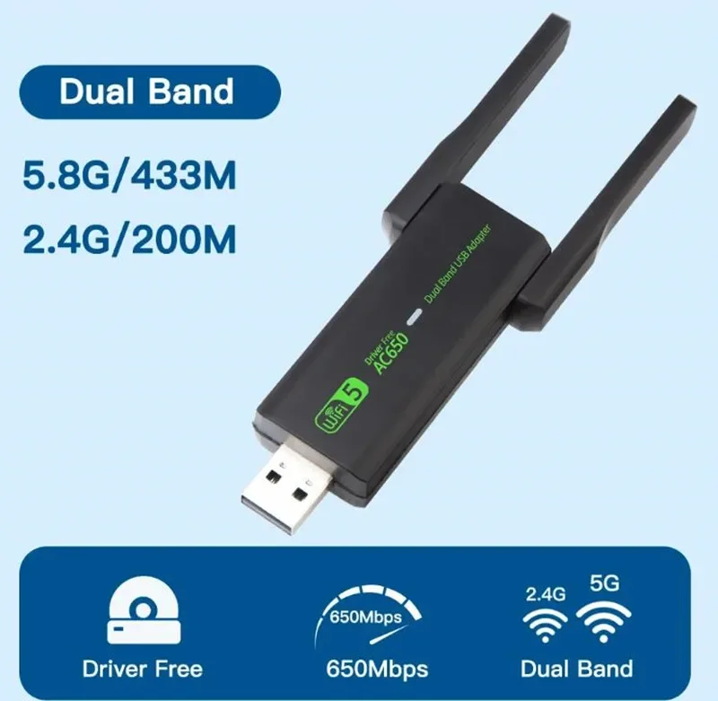 WiFi USB AC650 อะแดปเตอร์ Dual Band ไร้สาย USB2.0 การ์ดเครือข่าย Hot Spot Wi-Fi สําหรับ PC/แล็ปท็อปสําหรับ Win7/10/11 ไดร์เวอร์ฟรี