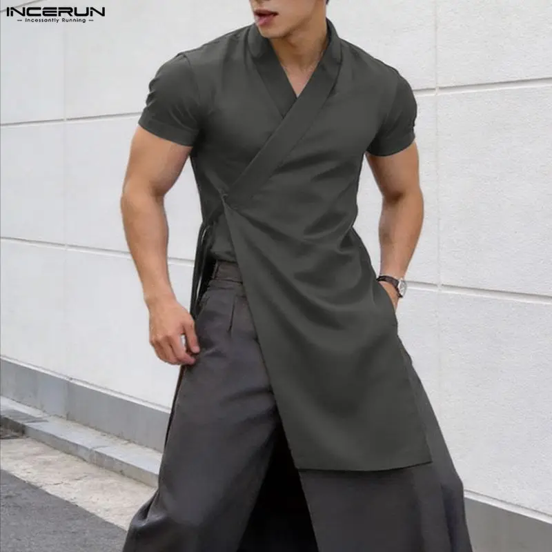 INCERUN Herrenhemd mit unregelmäßigem Schnitt, einfarbig, V-Ausschnitt, kurze Ärmel, Schnürung, Herrenbekleidung, Sommer-Streetwear, lässige Oberteile, 2026 Hemden für Männer