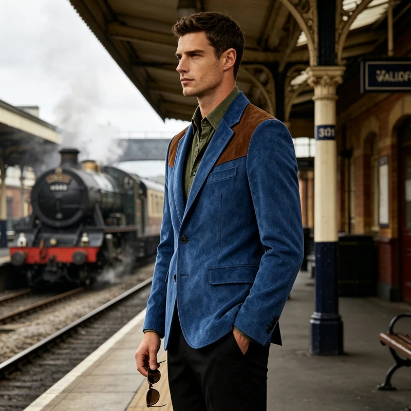 Vintage Men Suede Blazer Notched Lapel Color Block Shoulder Patch 2 Buttons Jacket Business Casual for Wedding Party Daily Wear
