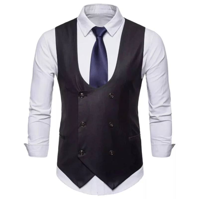 Gray Men Vest Solid Double ButtonTweed Slim Casual Waistcoat Sleeveless Jacket For Wedding Party Banquet Set