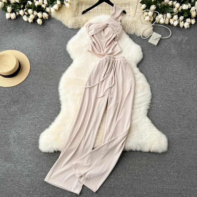 Women Summer Elegant Solid Chic Pantsuit Sexy Vintage Crop Tops Wide-Leg Pants Two Pieces Set Female Fashion Outfits Clothes