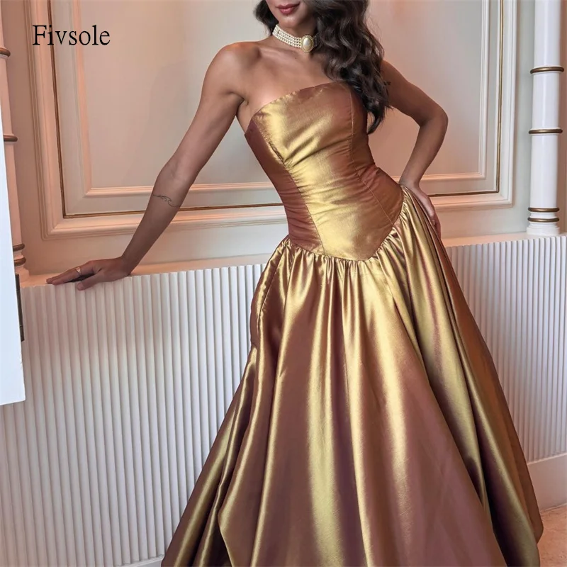 

Fivsole Simple Gold Strapless A Line Prom Gowns Backless Party Gown Floor Length Evening Dress vestidos de festa Customized