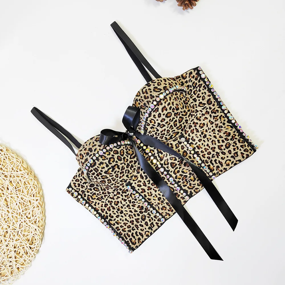 customized women's adult leopard print strapless breathable mesh slim fit fishbone camisole vest thin bow corset on top lingerie