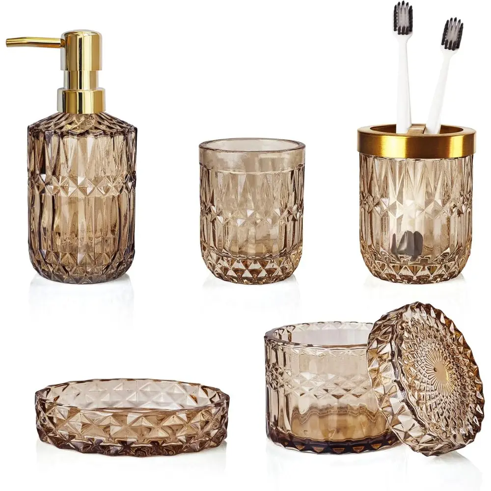 

5-Piece Clear Glass Bathroom Accessory Set: Vintage-Inspired Soap Dispenser, Holders, and Tumbler