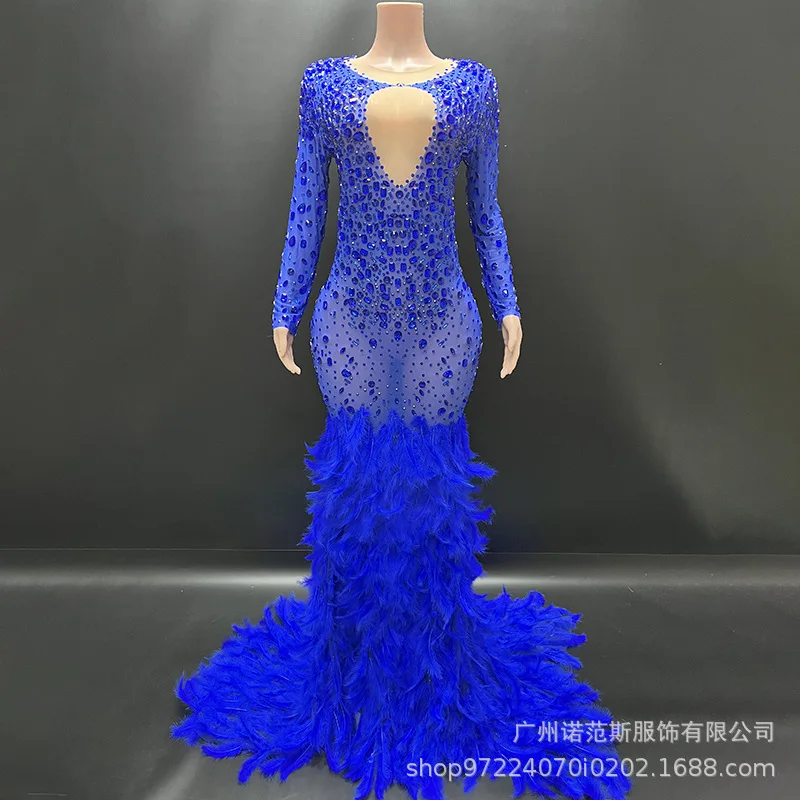 Высококачественное королевское синее платье с каплями воды и бриллиантовыми перьями, вечернее платье для ведущего банкета, модель подиума, костюм Abito, роскошный элегантный гала