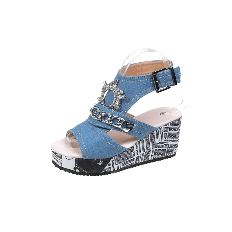 Fashion Wedges Rhinestone Design Slippers Shoes Women New Summer Flat Women Blue Slope Heel Slippers Ladies Denim Beach Sandal