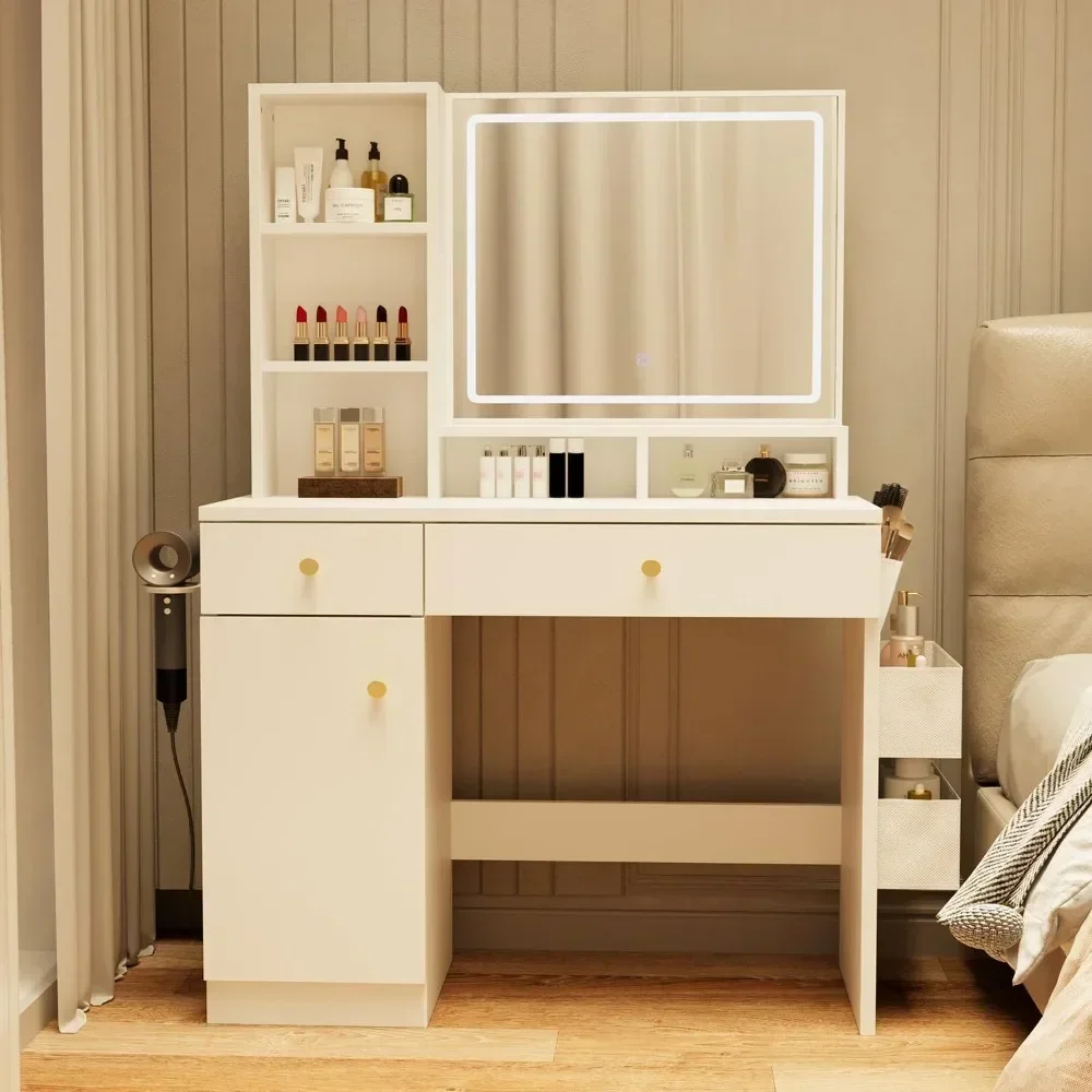 Dresser with mirror and light with 1 cabinet 2 drawers and storage shelves 3 color modes LED mirror and power socket Dressers