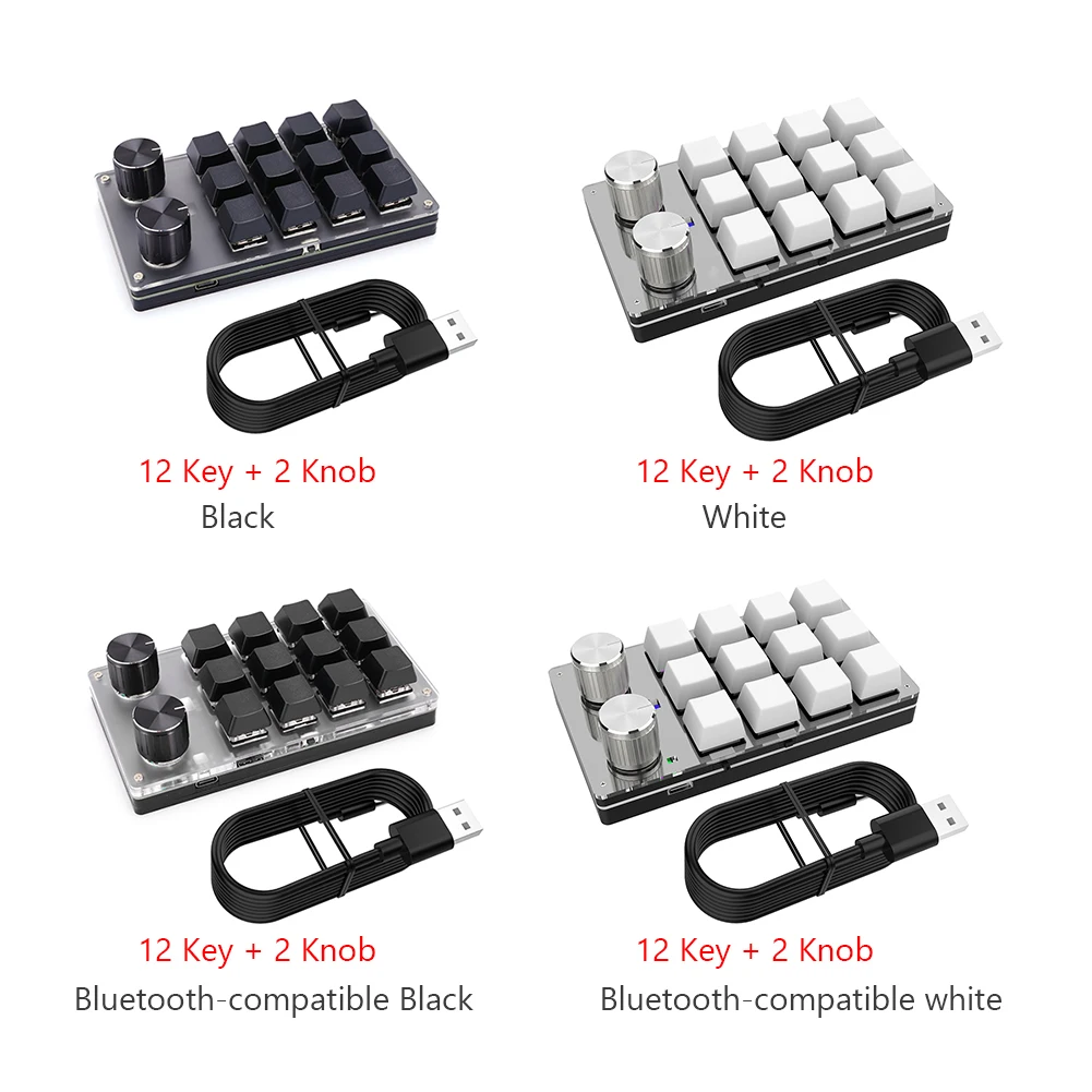 12 Key 2 Knob Programming Macro Knob Keyboard Bluetooth-Compatible/Wired Red Switches for Gamers/Designers/Video Editor