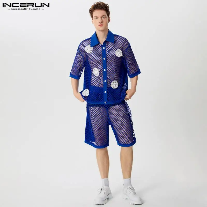 INCERUN 2024 Sexy Fashion Sets New Men Mesh Hollow Flower Decoration Short Sleeved Shirt Shorts Leisure Thin Suit 2 Pieces S-5XL