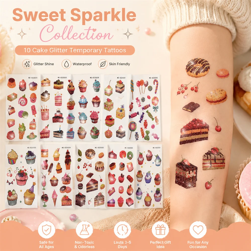 10Pcs Dessert Theme Glitter Body Stickers Waterproof Cake Cupcake Ice‑Cream Design Temporary Tattoos For Girls Holiday Gifts