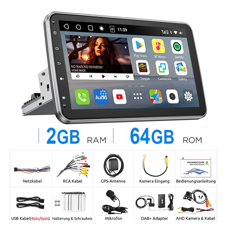 Universeel Autoradio ESSGOO Android14 10.1" 4+64 GB Draaibaar 360° Touchscreen 1 DIN Draadloze CarPlay Android Auto Bluetooth GPS Navigatie RDS WiFi Microfoon Equalizer FM Stuurwielbediening Mirror