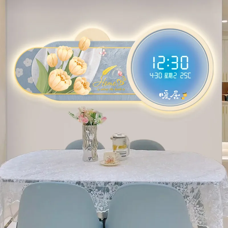Cream style living room electronic clock digital display screen, light luxury dining room LED lights, hanging clock painting