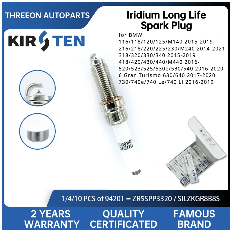 KIRSTEN Iridium Spark Plug for BMW 1.5T 2.0T Engine F20/F21/F45/F23/F22/F46/F30/F34/F31/F32/F33/F46/G30/G31/G32/G11 ZR5SPP3320