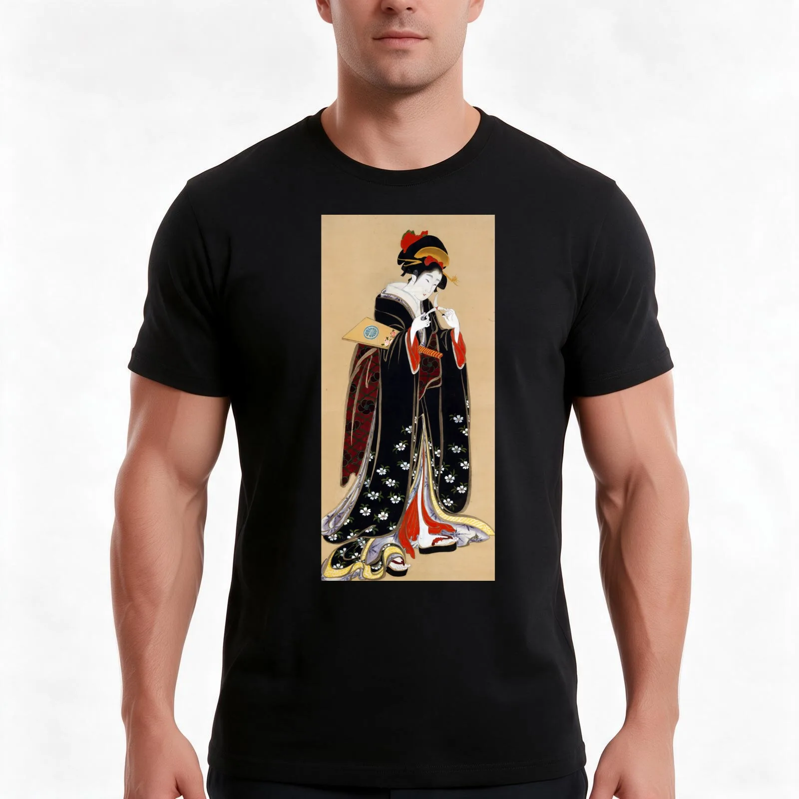 Geisha Holding Flower T-Shirt, Summer Casual Cotton Tee, Oversized Streetwear Tops, Vintage Graphic Print, Unisex Men Women