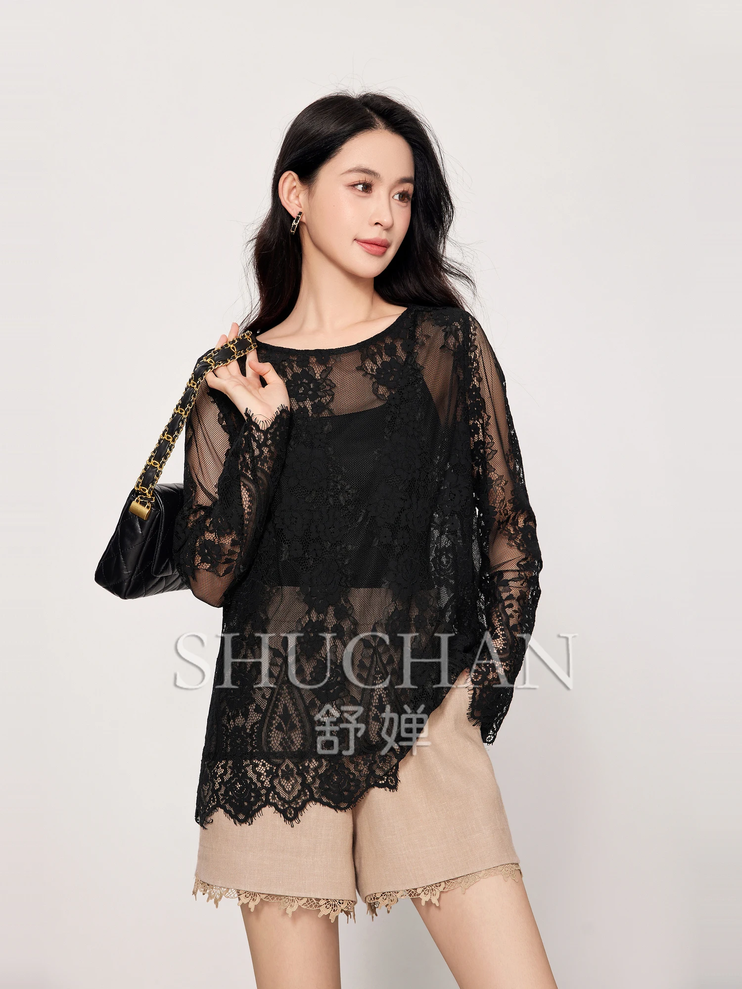 

Sexy Skin-revealing Hollow Lace, Fashionable French Back Collar Breasted Crew Neck Shirt 25 Summer Blouse and Shirt