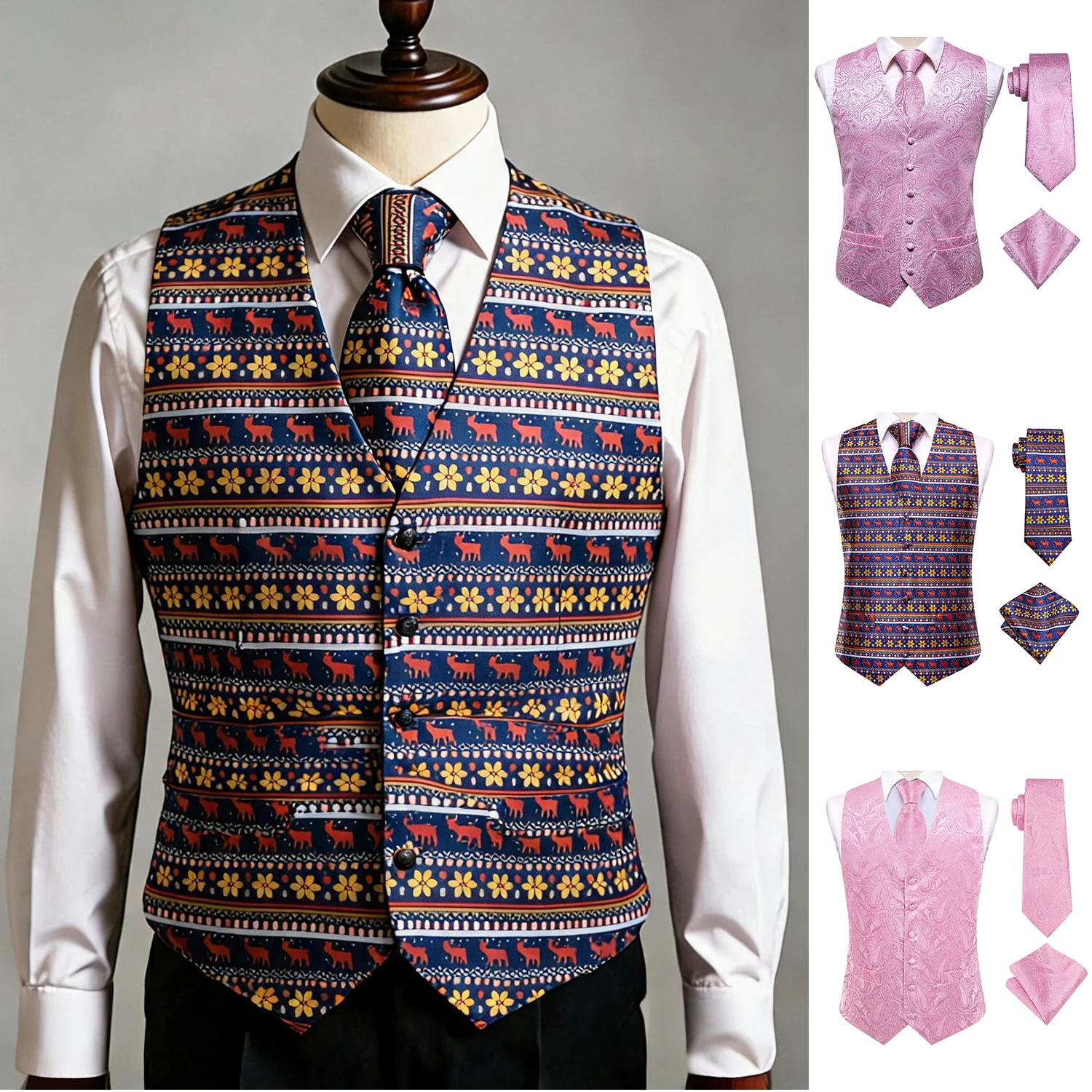 

Pink Men Vest Three-Piece Suit Set, Dress Waistcoat with Tie and Pocket Square for Party Ceremony