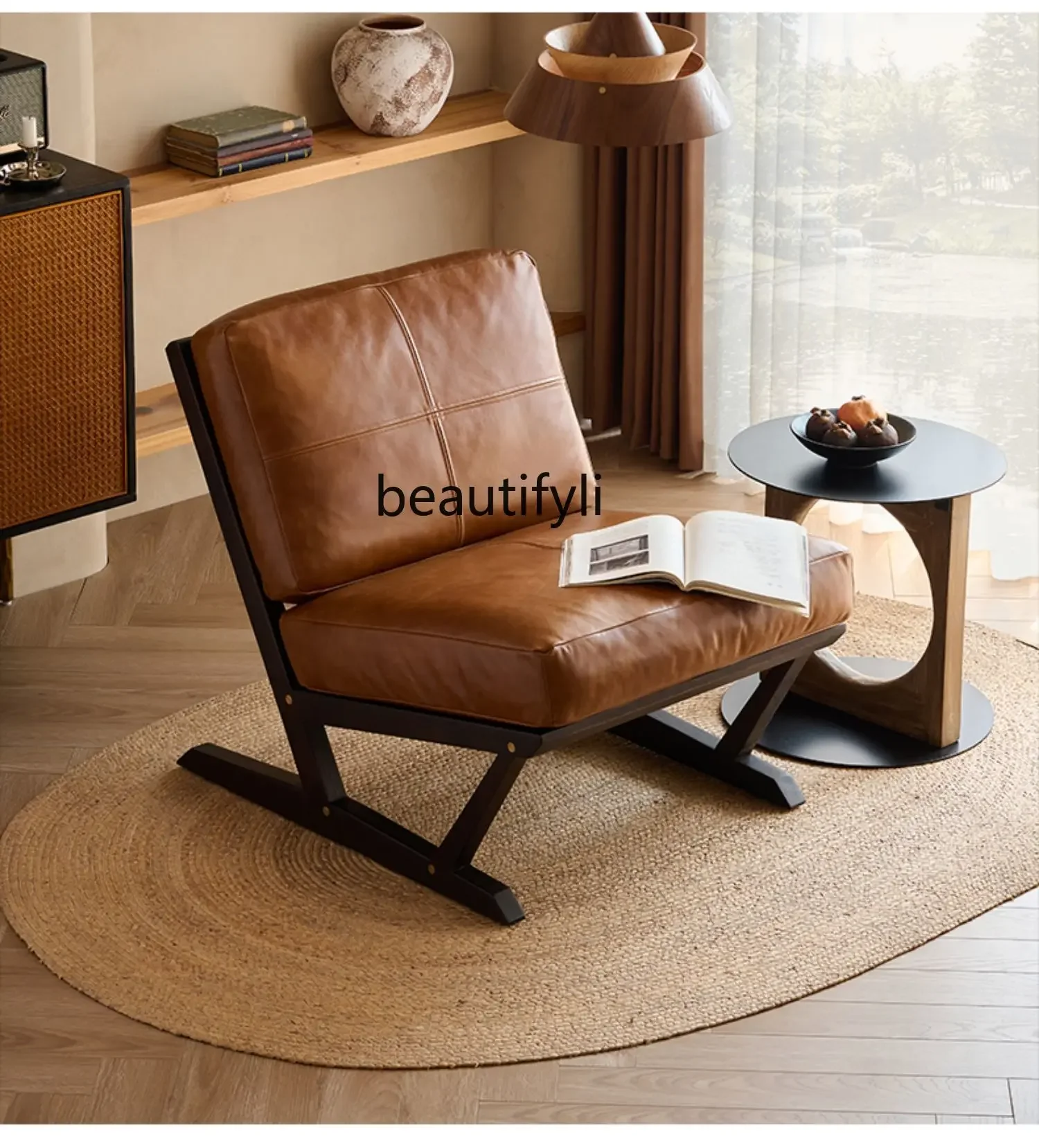 

Nordic Full Leather Sofa Leisure Chair Oak Solid Wood Single Two-Seat Sofa