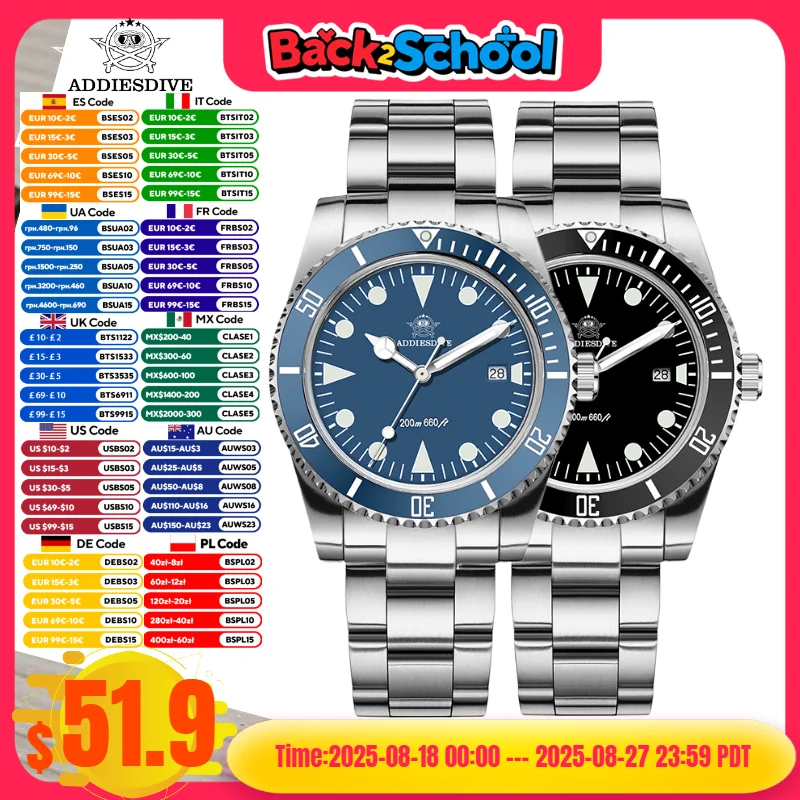 ADDIESDIVE 39mm Men's Watches AD2068 316L Steel BGW9 Super Luminous 20Bar Waterproof Display Calendar Quartz Watches