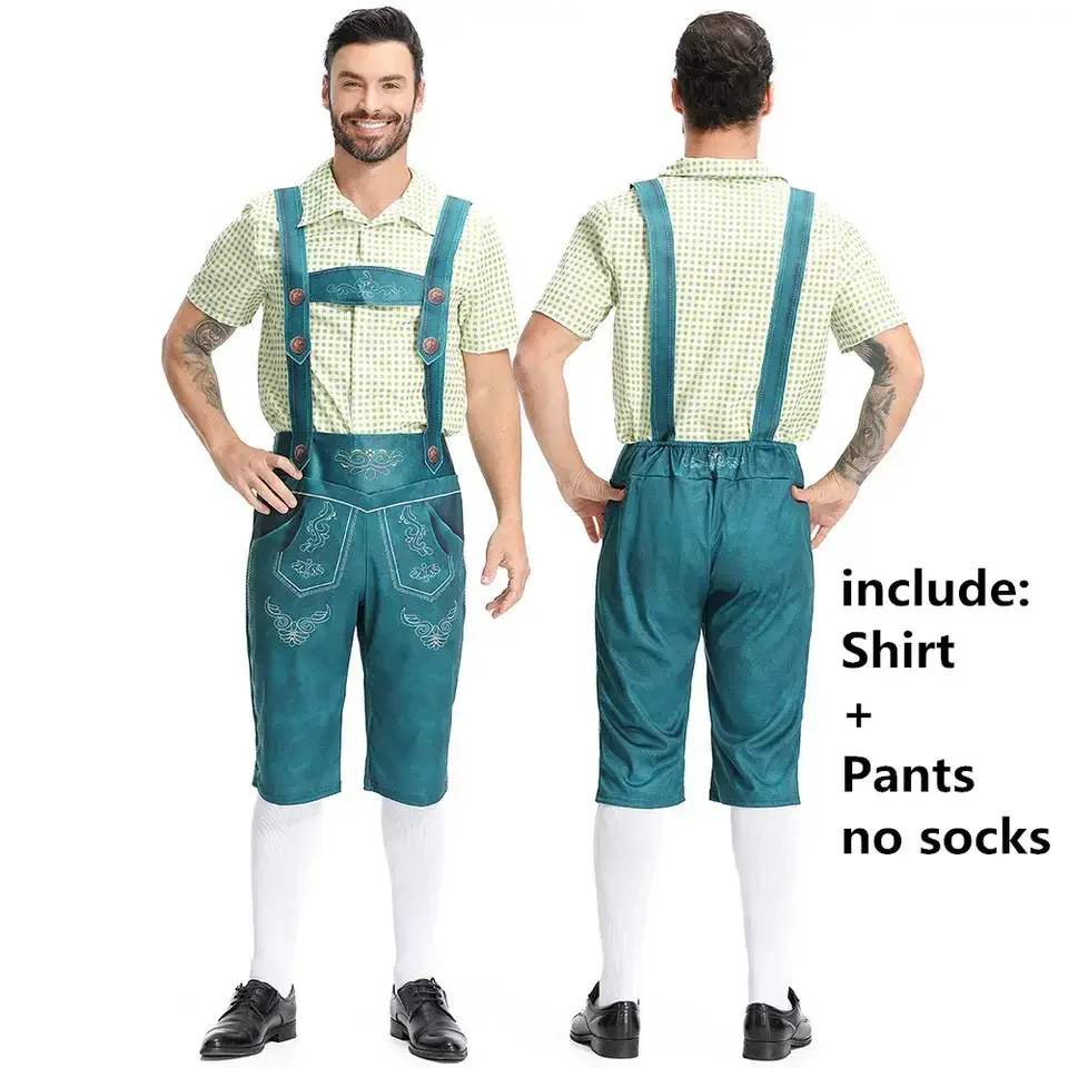 

Men Fashion Oktoberfest Lederhosen Costume Bavarian German Beer Festival Brown Green Suspenders Shirt Party Outfit Carnival