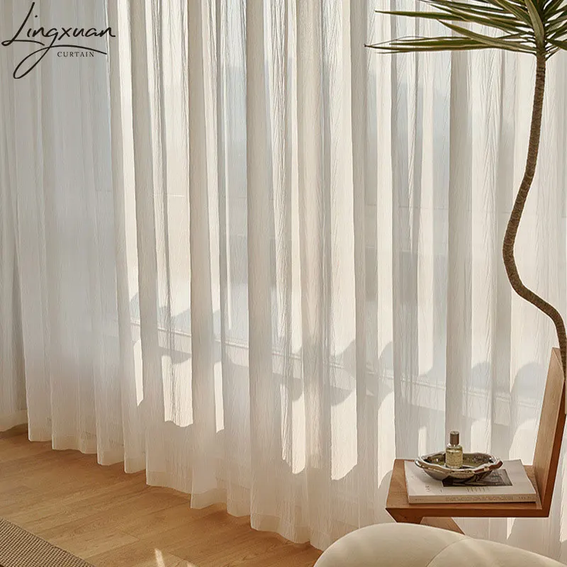 Korean White Tulle Curtains For Living Room Crumpled Sheer Curtain For Bedroom Solid Color Voile Kitchen Drapes Blinds Customs