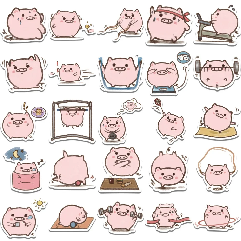 50PCS Cartoon Pig Stickers Kawaii Exercising Pig Stickers Mobile Phone Stickers Notebook Decorative Stickers