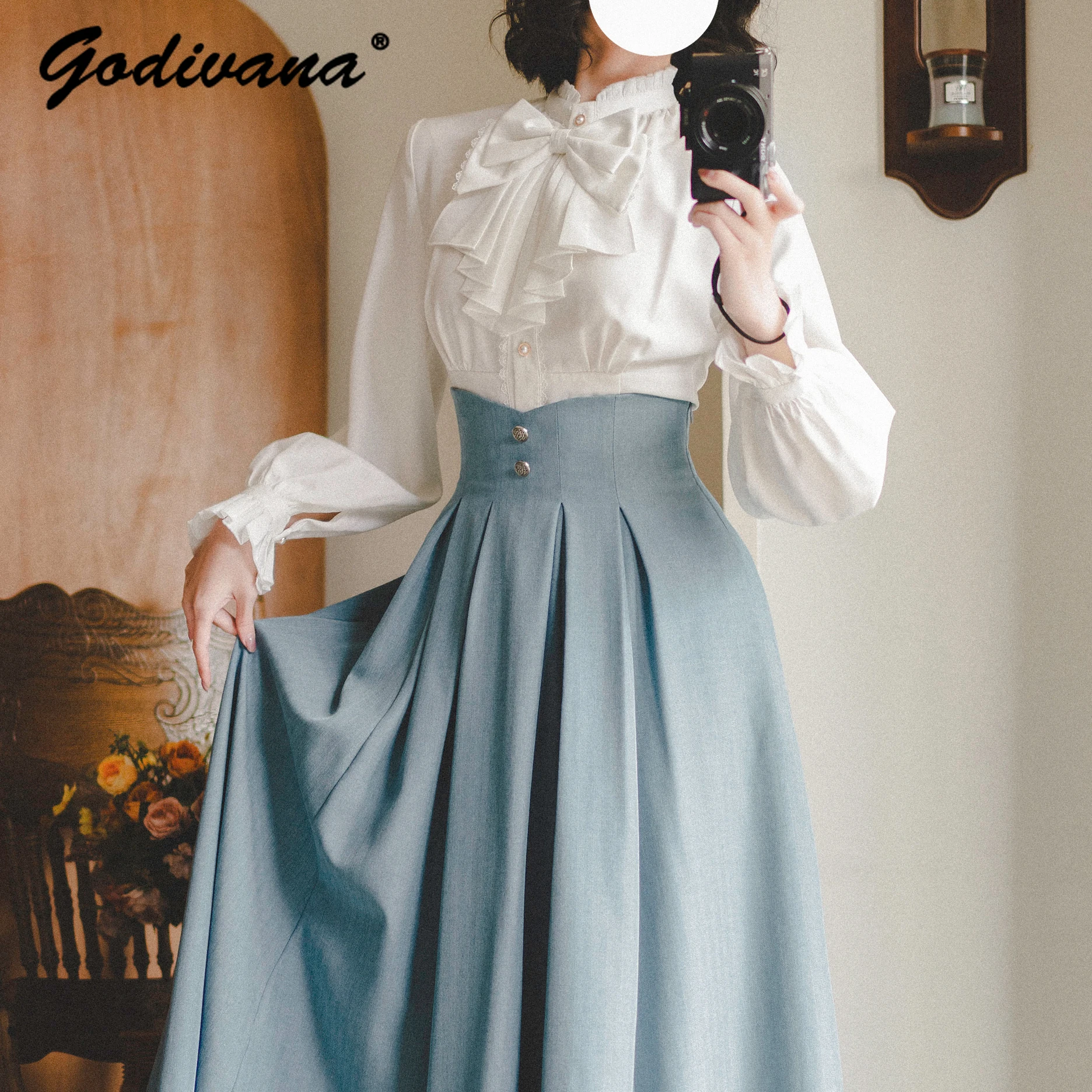 

2026 Spring and Autumn Women Elegant White Shirt Lolita Inner Top Retro Classic CLA Stand Collar Long Sleeve Slim Blouse Shirts