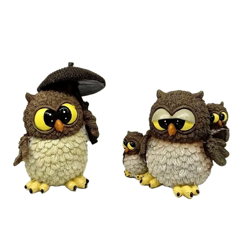 Resin Morning Family Owl Miniature Rush Hours Parents Miniature Kids Fairy Garden Ornament Micro Landscape Animation Craft Decor