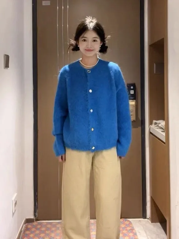 Prachtige blauwe lange Sve gebreide trui jas dames Faion vroege herfst unieke mooie casual losse pasvorm ronde ne zingen...