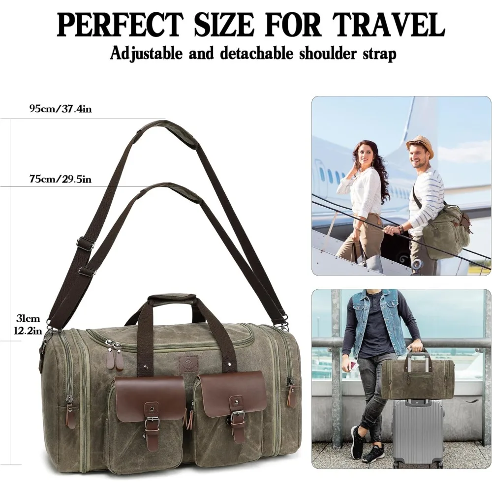 حقيبة سفر للرجال قابلة للتوسيع سعة 60 لترًا من القماش الخشن مع جلد طبيعي - حقيبة أمتعة لحمل عطلة نهاية الأسبوع لرحلات عطلة نهاية الأسبوع #6