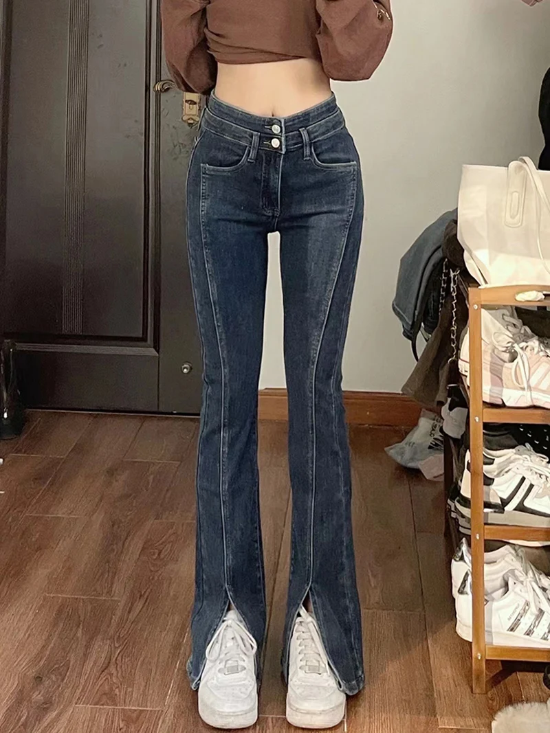 Elastic Slit Straight Leg Jeans Women's High Waist Flared Pants Slimming Wide Leg Trousers Cotton Stretch Denim Autumn Faion