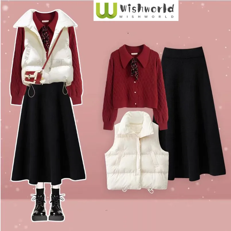 

Осенне-зимняя женская модная хлопковая куртка с откидным воротником, уменьшающий возраст свитер + юбка для похудения, комплект из 3 предметов