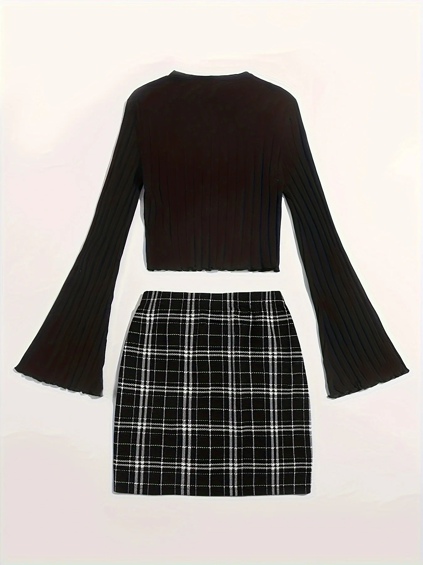 Casual Colorblock Two-piece Skirt Set Ribbed Crew Neck Long Sleeve Top & Plaid Skirts Women\'s Clothing