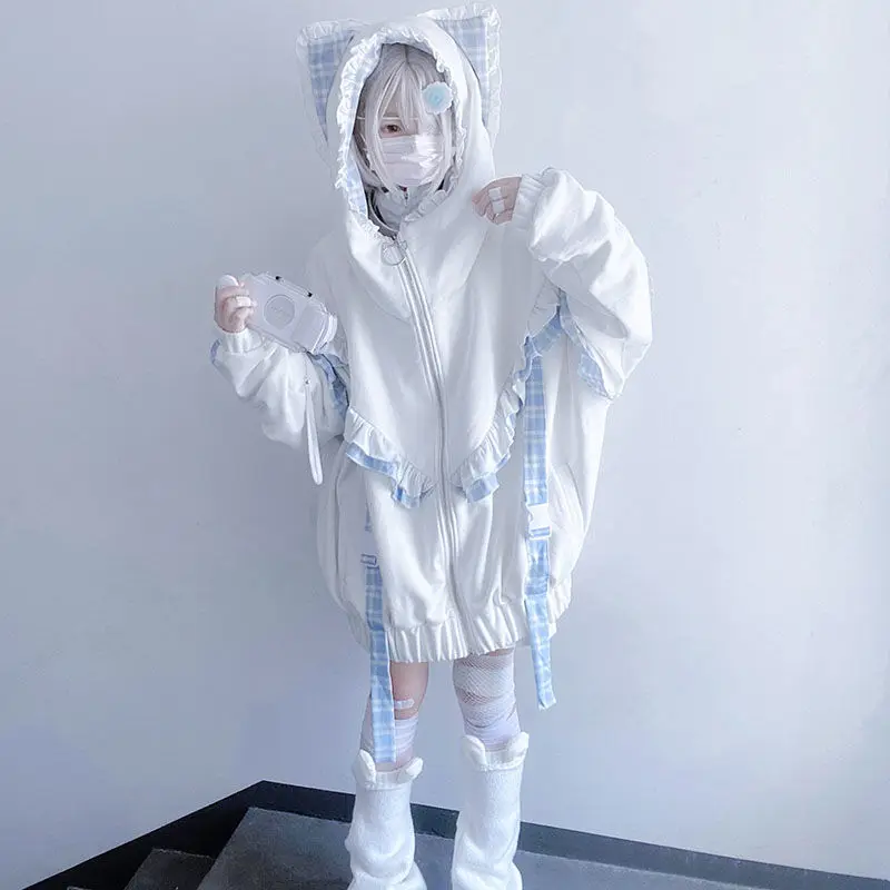 النمط الياباني ثقافة فرعية أبلى الدانتيل سحاب أكمام طويلة القط الكرتون نمط الحلو جيب فضفاض مخطط مقنعين Y2k لطيف الخريف