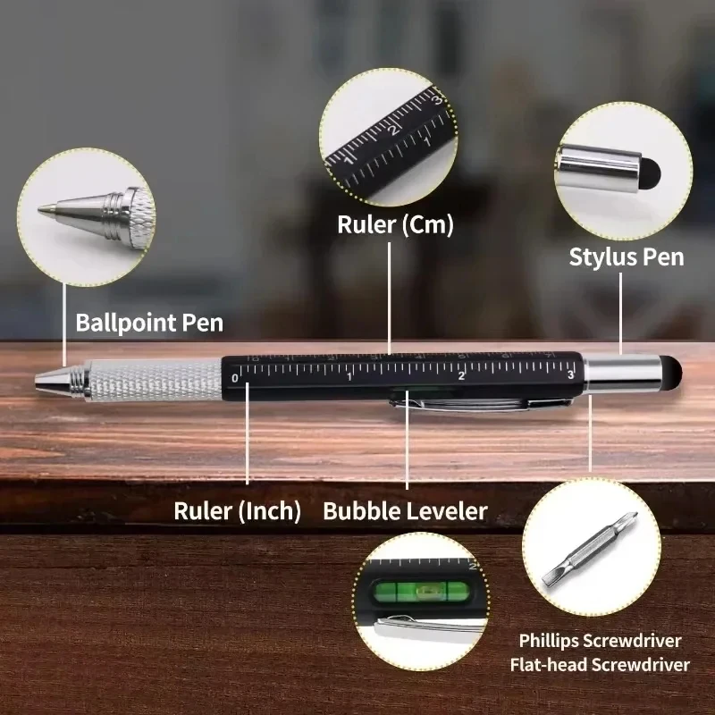 Multi-function 7-in-1 Tool Pen with Touch Screen Stylus, Screwdriver, Ruler & Spirit Level Technical Measuring Ballpoint Pen