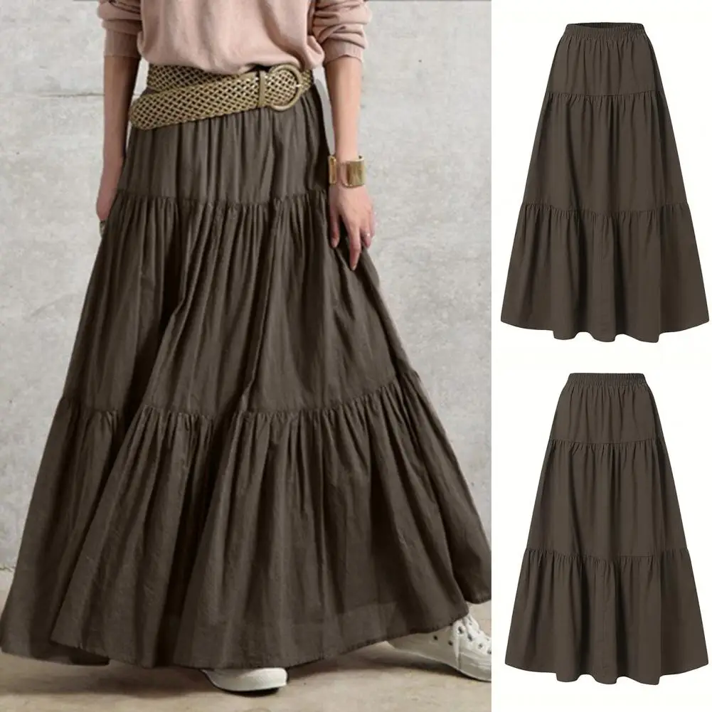 

2024 Spring Autumn Solid Skirts Vintage Women's Ruffle Sundress Casual Elastic Waist Long Vestidos Female Robe Female Skirt