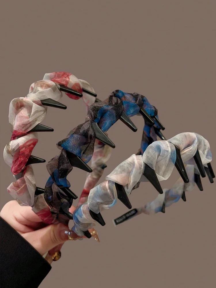 1 Stück bedrucktes, plissiertes Netz-Haarband, rutschfestes Haarband mit gewelltem Zahnkamm, multifunktionales, modisches Haar-Accessoire – Detail 3