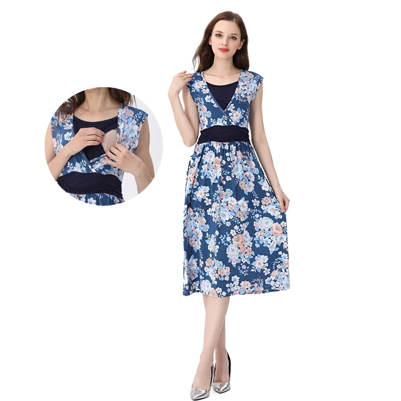 Summer Breastfeeding Dress Casual Maternity Dress Floral Sleeveless Nursing Dresses for Pregnant Women