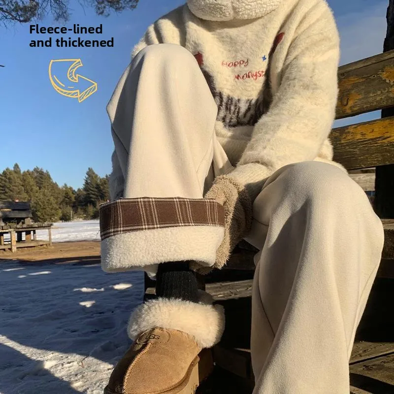 กางเกงลำลองทรงตรงขากว้างสไตล์อเมริกันเรโทรลายสก็อตต่อผ้าบุซับในสำหรับผู้หญิง ให้ความอบอุ่น ทรงหลวม สไตล์สตรีท