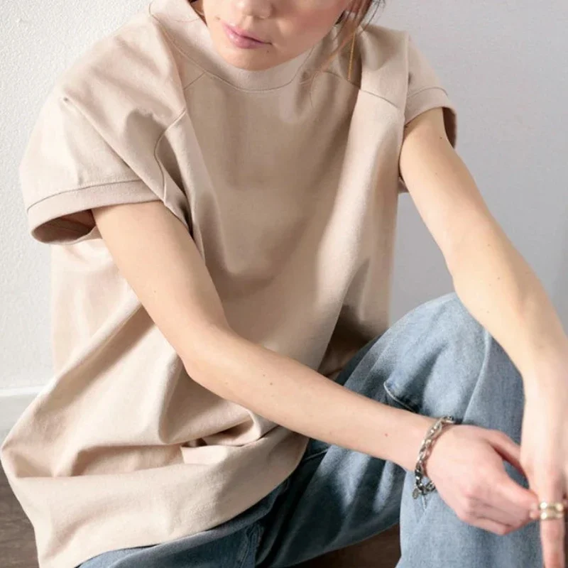 2024 Summer New T Shirt Women Half High Collar Short Sleeve Loose Pullover Tee Japanese Simple Solid All-match Casual Tops