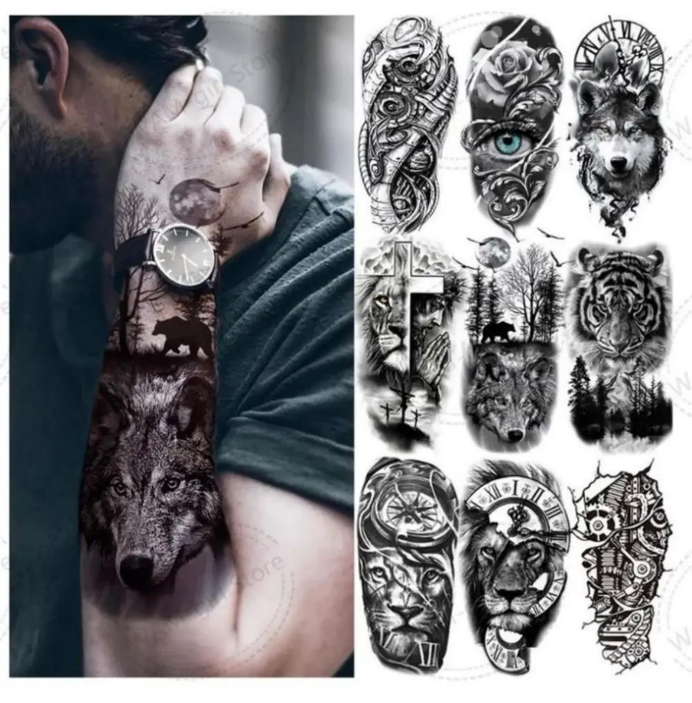 

100PC 2023 New 3D Black Forest Tattoo Sticker for Men Woman kids Tiger Wolf Skull Flower Temporary Sticker Waterproof