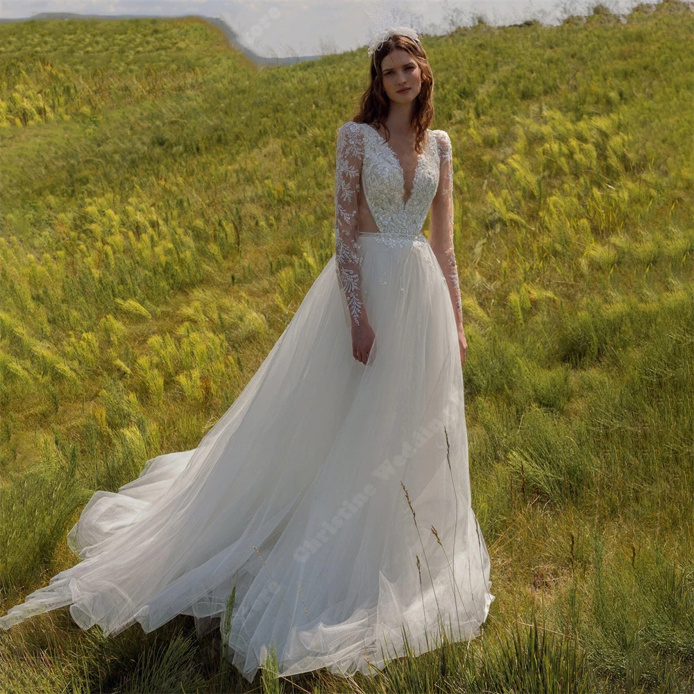 Vestidos De novia con cuello en V para mujer, Vestidos De encaje, manga larga, bohemios, hechos a medida, largos, elegantes, 2024