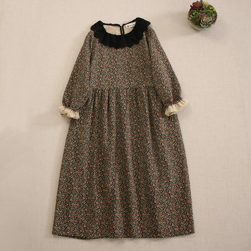 Robe mi-longue en coton épais à imprimé floral Mori Girl pour femmes, col à volants, manches longues, vintage, décontracté, automne, hiver