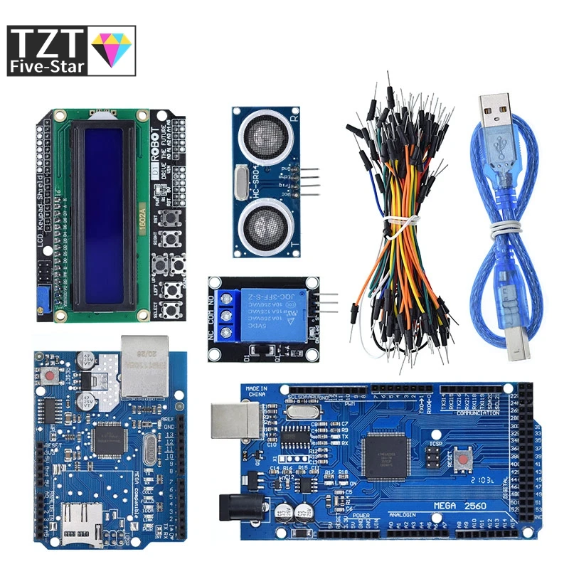 Mega 2560 r3 for arduino kit + HC-SR04 +breadboard cable + relay module+ W5100 UNO shield + LCD 1602 Keypad shield