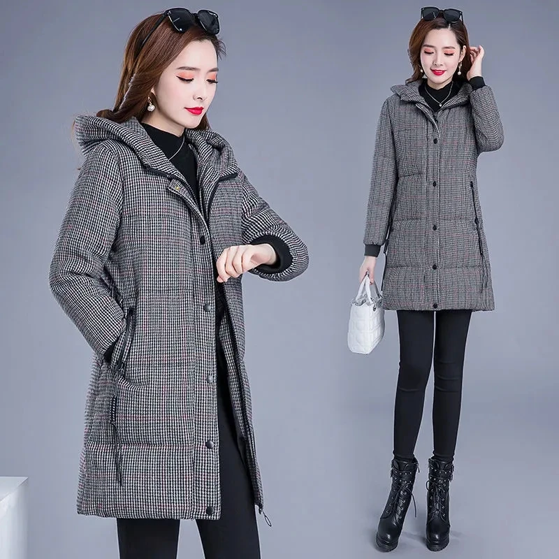 Houndstooth Down Cotton Coat Womens Clothing 2024 New Winter Jacket Hooded Parkas Loose Thick Padded Coat Female Long Outerwear