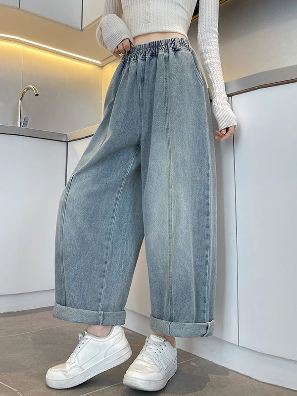 ハイウエストコットンデニムルーズストレートレッグレディースジーンズハーラン秋冬スレライトブルー9点ダッドパンツ
