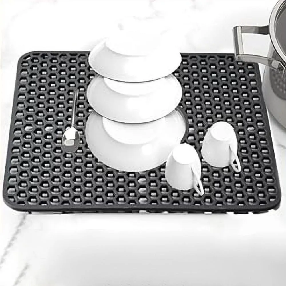 

Hollow Design Silicone Dishes Drying Mat Foldable Quick Drain Heat Insulation Drain Pad Non-Slip Heat-Resistant