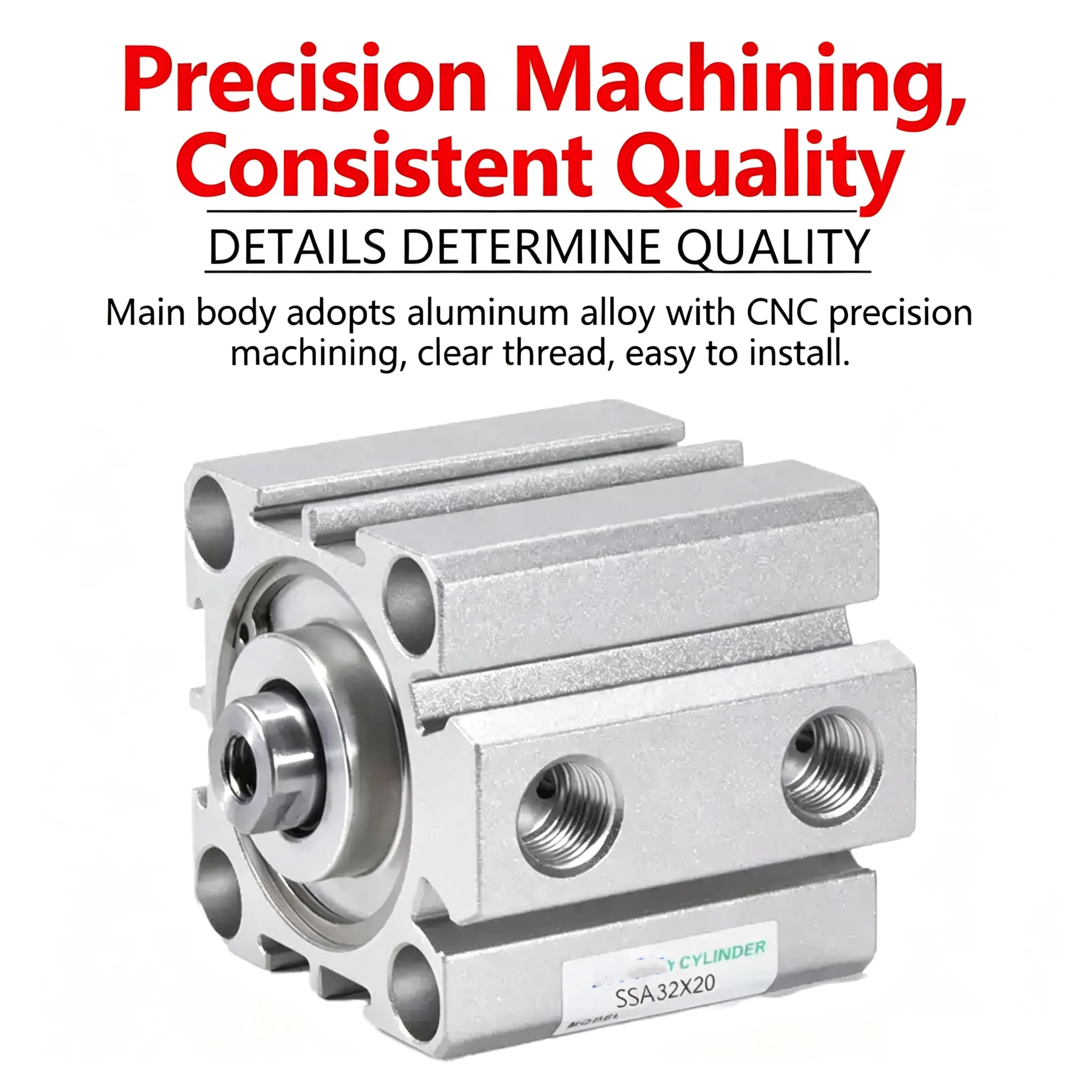 Compact Cylinder Single Acting-Push SSA Series Bore 20-80 Stroke 5mm-50mm Stroke Size Options for Pneumatic Actuators